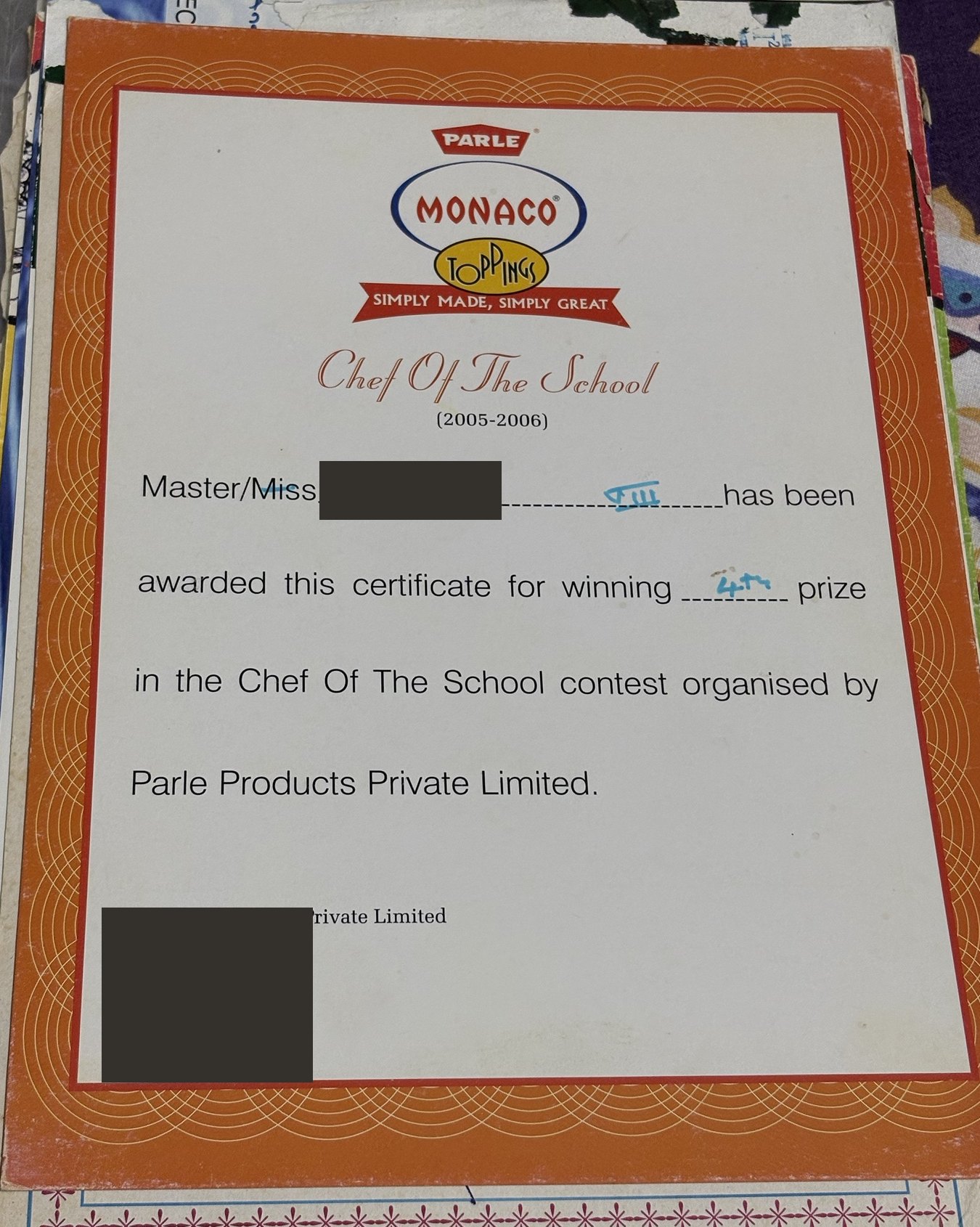 Parle Monaco Chef of the School certificate for 4th prize, with the name and signature blocked out.