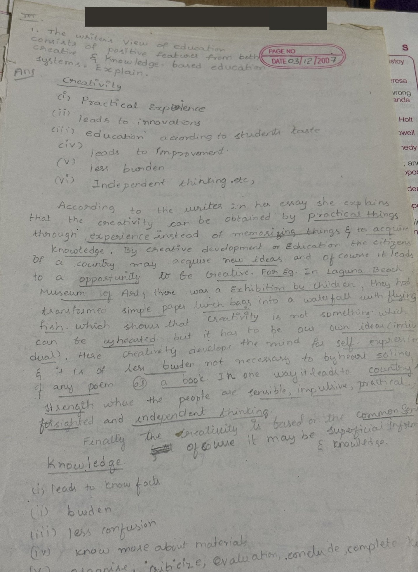 Handwritten college answer on creativity and knowledge-based education, dated 3 December 2007.