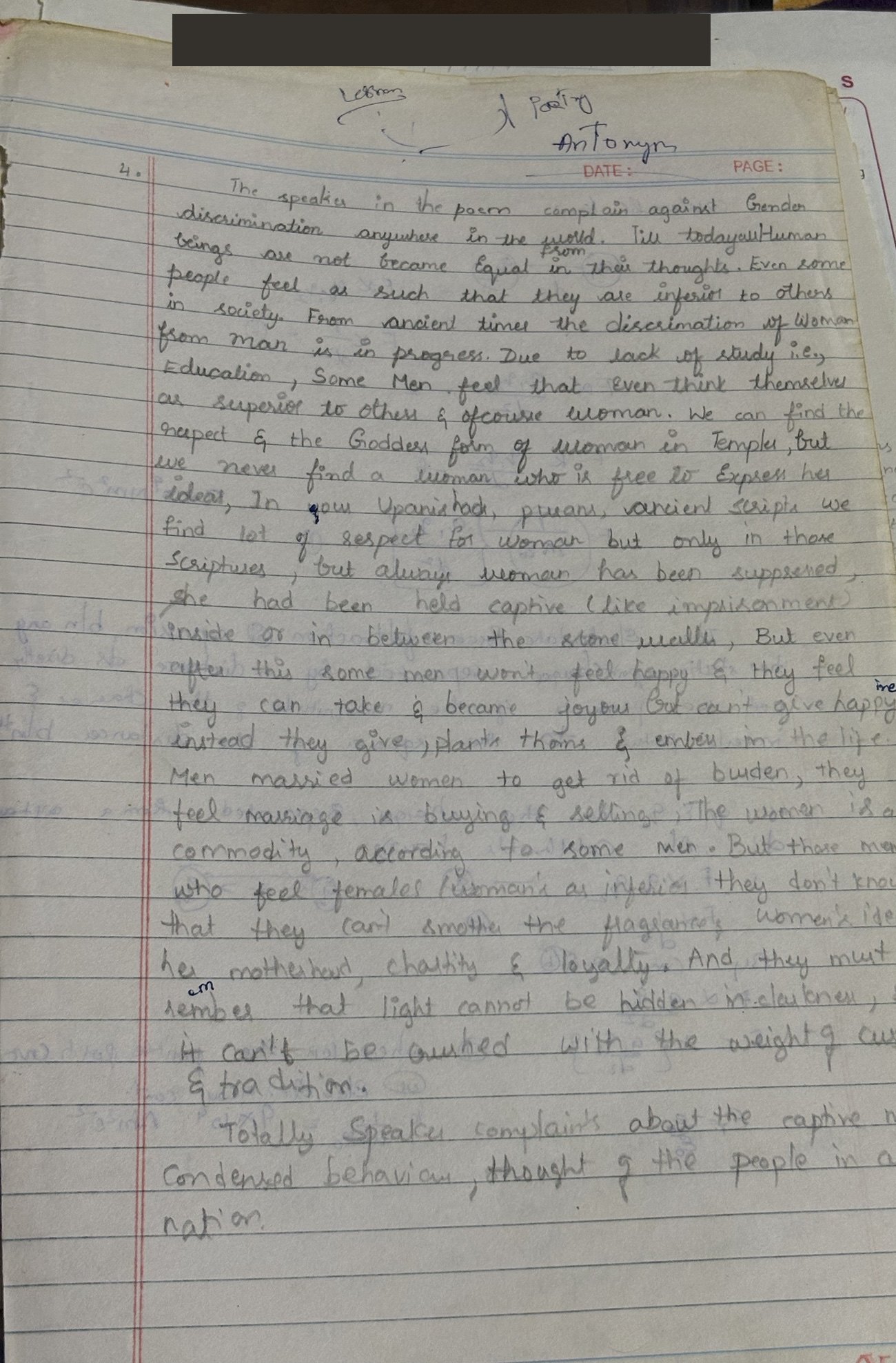 Handwritten college answer about a poem on gender discrimination.