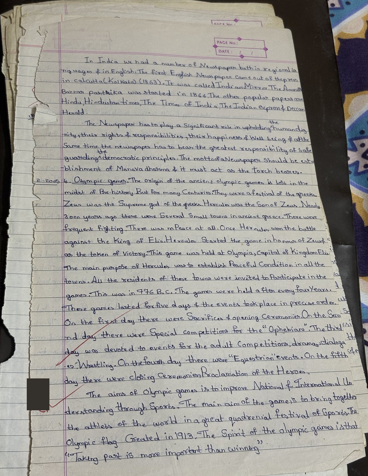 Handwritten essay on the Olympic Games ending with Taking part is more important than winning.