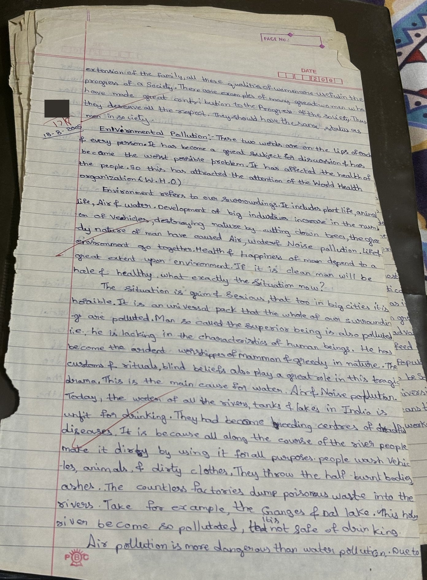 Handwritten essay on environmental pollution dated 18 August 2005.